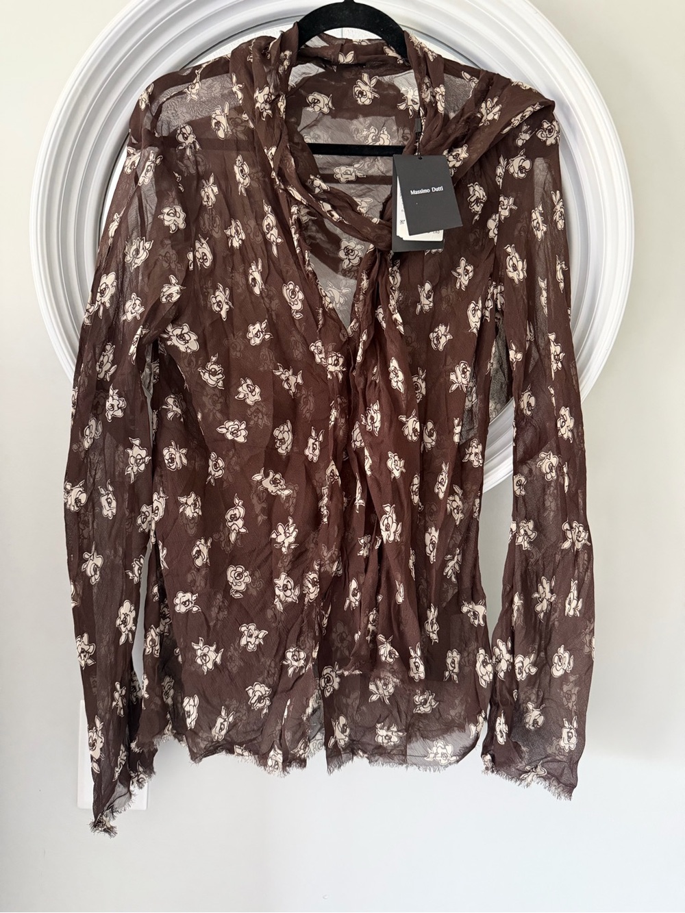 Massimo Dutti Brown Sheer Floral Tie-Neck Blouse with Cream Print